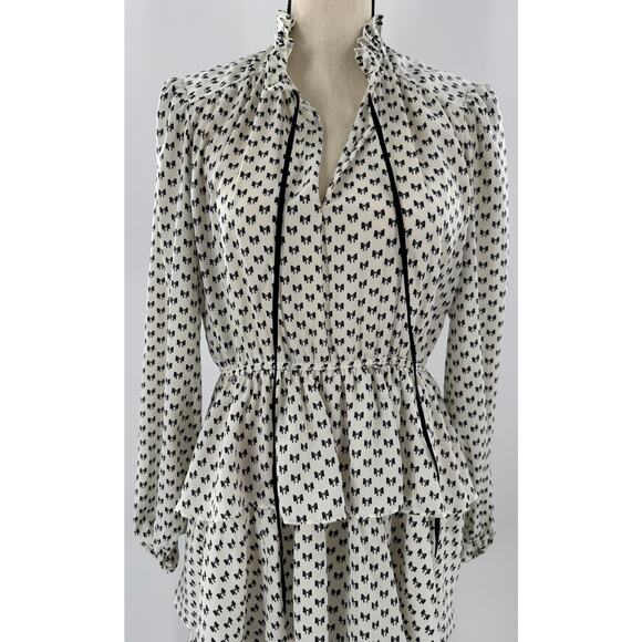 Maje Rinala Ivory Black Bow Ruffle Dress Mini Knee Length Long Sleeve 40 8 M - Picture 2 of 16